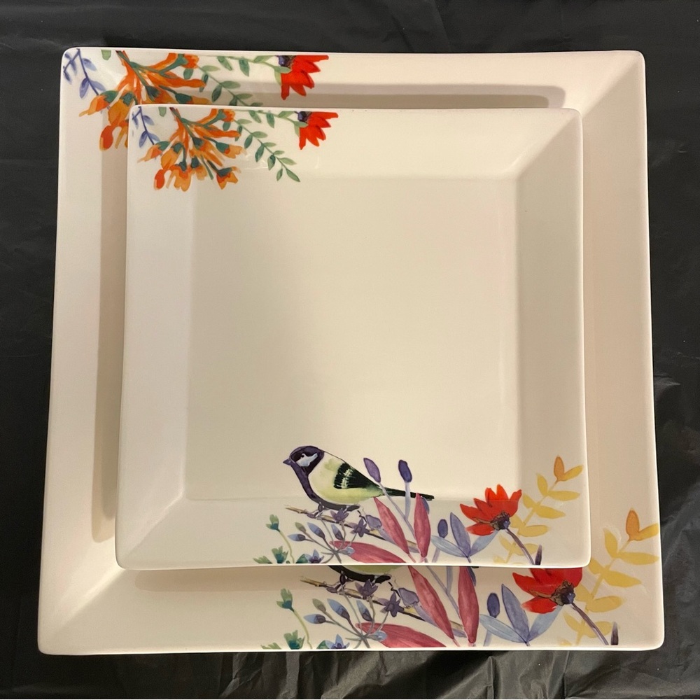 Ciroa Lila Porcelain, Two Square Plates with Floral and Bird Design.